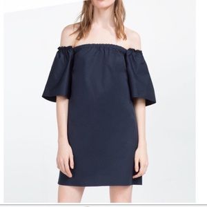 ZARA NAVY Cotton stretch Dress M $88 off shoulder